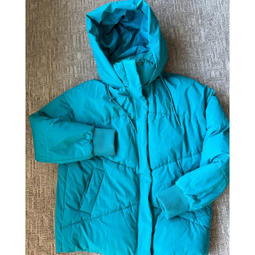 Levis Hooded Puffer Jacket Women Medium Teal Excellent Insulated Ribbed Cuff